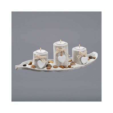 Maritimes Teelichthalter Set in antik-weiß, ca.39 cm auf Blatt Tablett mit Kerze