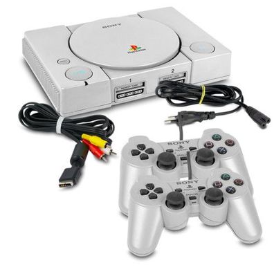 Playstation 1 - PS1 - PSX Konsole FAT in GRAU + ALLE KABEL + 2 DUAL SHOCK Controll...