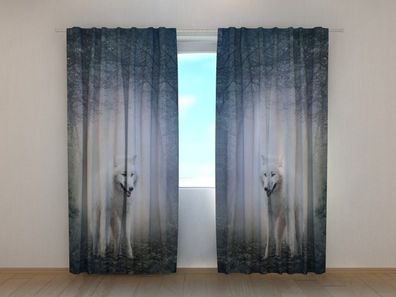 Fotogardine weißer Wolf im Wald, Vorhang mit Motiv, Digitaldruck, Gardine auf Maß