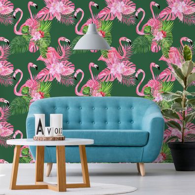 VLIES TAPETE Designtapete Blumen Knabenkraut Monstera Palmen Flamingos XXL 2458