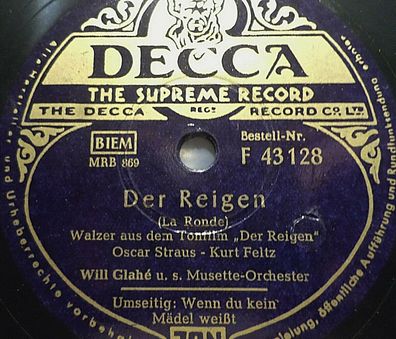 WILL GLAHÉ "Wenn du kein Mädel weißt (Goodnight Irene) / Der Reigen" Decca 78rpm
