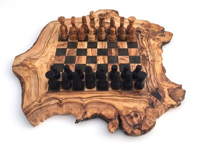 Schachspiel rustikal, Schachbrett Gr. L inkl. Schachfiguren, Olivenholz, Handarbeit