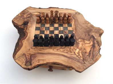 Schachspiel rustikal, Schachtisch Gr. S inkl. Schachfiguren, Olivenholz, Handarbeit