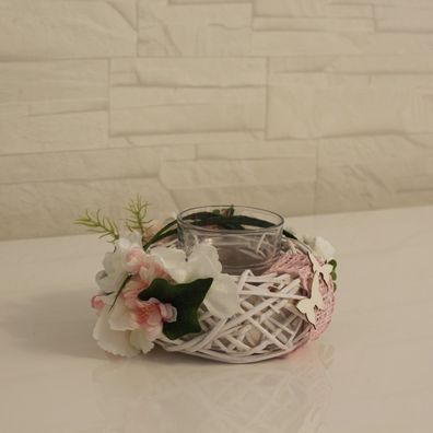 Teelicht Flechtkranz 13cm Blumen Handmade Frühling Romantik weiß Rosa