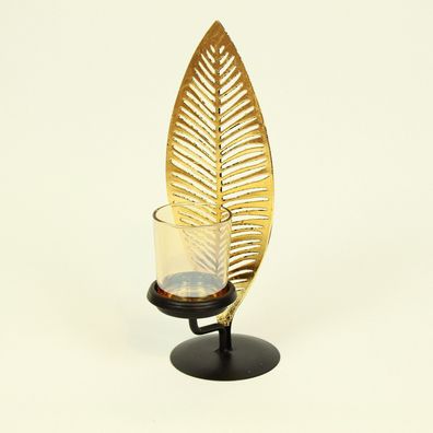 Teelichthalter goldene Feder 25cm Metall Glas