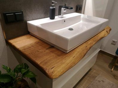 Waschtischplatte Waschtisch Badezimmer Holzplatte Eiche massiv, geölt, Baumkante