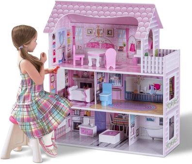 Costway Puppenhaus Holz Puppenstube Puppenvilla Mädchen Spielzeug 3 Etagen