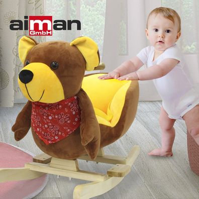 Aiman – Schaukeltier Bär – Schaukelspielzeug aus Plüsch und Holz zum Aufsitzen