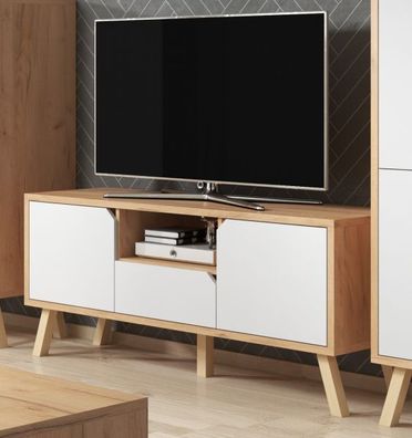 TV Lowboard Edos Eiche Gold und weiß Board Flat-TV Unterschrank mit Komforthöhe