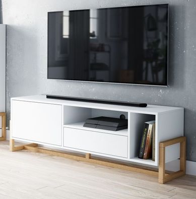 TV Lowboard in weiß und Buche massiv Board für Flat-TV Unterschrank 140 cm Skien