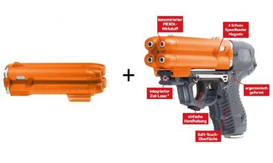PIEXON Pfefferspraypistole JPX6 mit Laser und 4 Schuss Speedloader + Ersatzmagazin