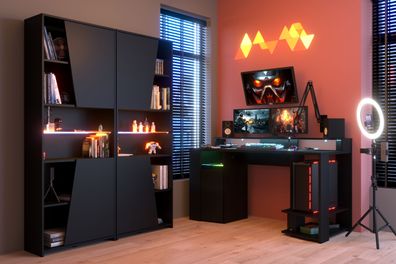 Gamertisch Parisot mit 2x Regal Schreibtisch PC-Tisch LED Beleuchtung mit Farbwechsel