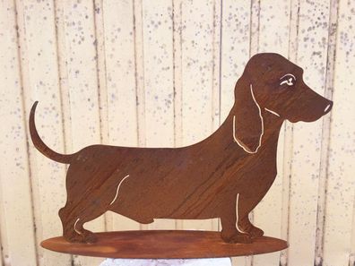 Hund Dackel stehend 50x33cm auf Platte Edelrost Rost Metall Rostfigur Teckel