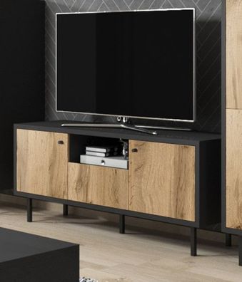Lowboard Konya Eiche Wotan schwarz Board Flat-TV Unterschrank mit Komforthöhe