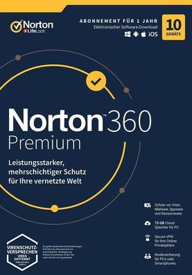 NORTON 360 Premium 2024 10 Geräte, 1 Jahr inkl. 75GB, KEIN ABO, Download