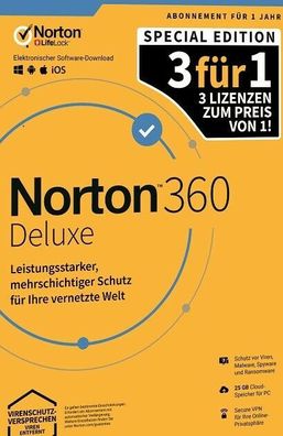 NORTON 360 DELUXE 2024 3für1 3 Geräte / 1 Jahr inkl. 25GB, KEIN ABO, Download
