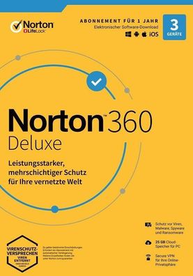 NORTON 360 DELUXE 2024 3 Geräte, 1 Jahr inkl. 25GB, KEIN ABO, Download