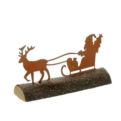 Weihnachtsartikel Hirsch Santa mit Schlitten auf Baumstamm Tierfigur Dekofigur