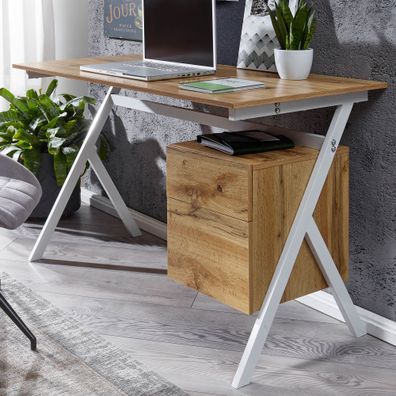 Wohnling Schreibtisch 120cm Bürotisch Weiß Eiche Computertisch Tisch mit Schrank