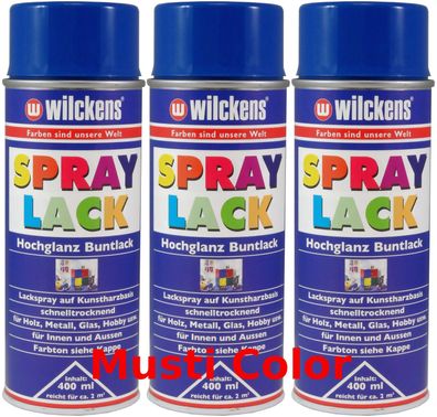 3x 400ml Wilckens Lackspray Spraydose Sprühlack Spraylack Farbe Enzianblau RAL 5010