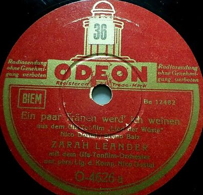 Zarah Leander "Ein paar Tränen werd´ ich weinen / Heut´ abend..." Odeon 1939 10"