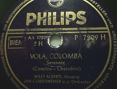 Willy Alberti & Jan Corduwener "Vola, Colomba / Luna Rossa" Philips 78rpm 10"