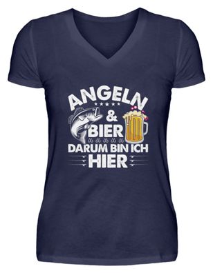 ANGELN&BIER DARUM BIN ICH HIER - V-Neck Damenshirt