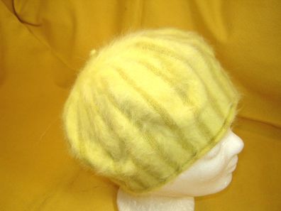 Vintage Angoramütze Damenmütze Baskenmütze weich Angora Wolle gelb gestreift p B9 Z