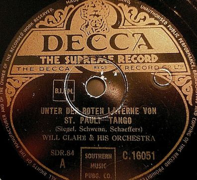WILL GLAHE "Unter der roten Laterne von St. Pauli / Auf Zehenspitzen" Decca 10"