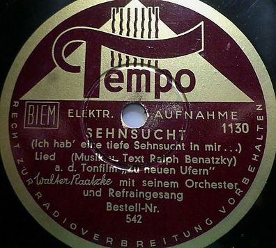 WALTER Raatzke & GESANG "Yes Sir! / Sehnsucht" Tempo 1937 78rpm 10"
