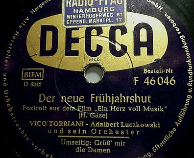 Vico Torriani "Grüß´ mir die Damen / Der neue Frühjahrshut" Decca 78rpm 10"