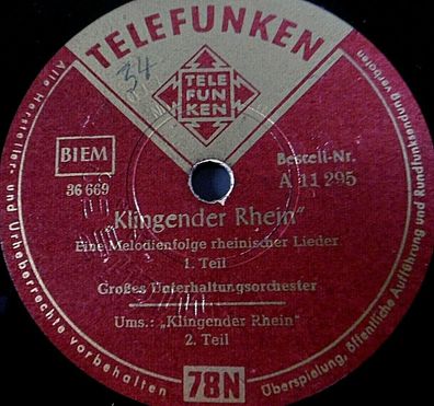 Unterhaltungsorchester "Klingender Rhein - Eine Melodienfolge" Telefunken 78rpm