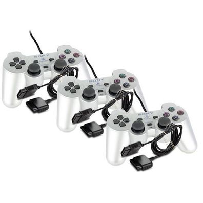 3 original Playstation 2 Controller - Pads in Silber - PS2 + 3 Verlängerungen