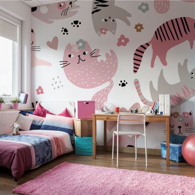 Muralo VINYL Fototapete XXL TAPETE für Kinder Rosafarbene Kätzchen BLUMEN 3433