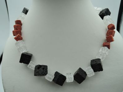 Edelsteinkette mit Lava Bergkristall und Schaumkoralle 92