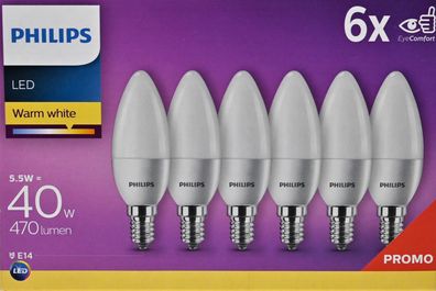 Philips LED Lampe 5,5 W ersetzt 40 W, E14, warmweiß (2700K), 470 Lumen, 6er Pack