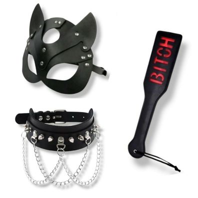 3 Teiliges Damen BDSM Fetisch Kostüm Set Katzenmaske Halskette Peitsche Schwarz