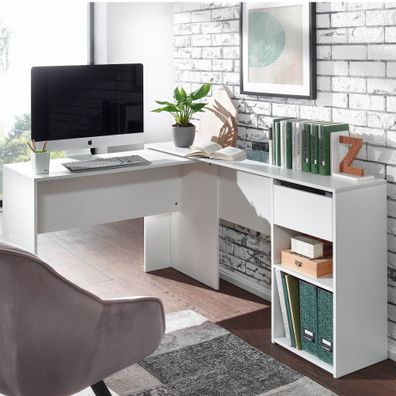 Wohnling Schreibtisch 145x106,5cm Büro Eckschreibtisch Ecke Weiß Tisch mit Regal