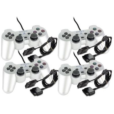 4 original Playstation 2 Controller - Pads in Silber - PS2 + 4 Verlängerungen