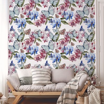 VLIES TAPETE Designtapete Blumen Knabenkraut Schmetterlinge Aquarell XXL 2968