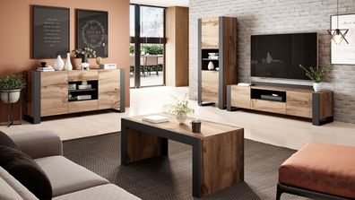 Wohnzimmer-Set Wood I + Couchtisch Tavasz Modern Kommode TV-Lowboard Vitrine M24