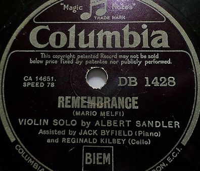 Sandler / Byfield / Kilbey "Remembrance / Grinzing" Columbia 1935 78rpm 10"