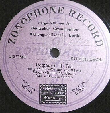SALON-ORCHESTER, Berlin "Potpourri aus "Die Kino-Königin" Zonophone 1913 78rpm