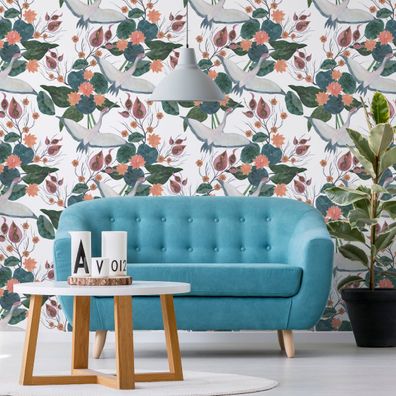 VLIES TAPETE Designtapete Fliegende Kraniche Blumen XXL 3569