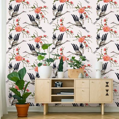 VLIES TAPETE Designtapete Kraniche Blumen XXL 3604