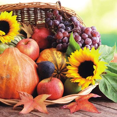 20 Servietten, Erntedankfest Korb mit Sonnenblumen, Thanksgiving Basket 33x33 cm