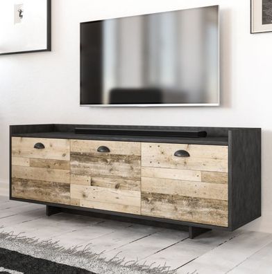 TV Lowboard "Plate" Old Used Wood hell und grau Flat-TV Unterschrank 3-türig 140 cm