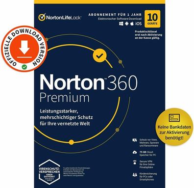 NORTON 360 Premium 10 Geräte kein ABO Internet Security WIN/ MAC 2023
