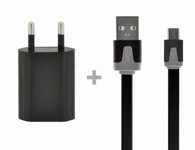 4-OK Flachkabel USB auf Micro-USB mit Ladeadapter 220V in Schwarz