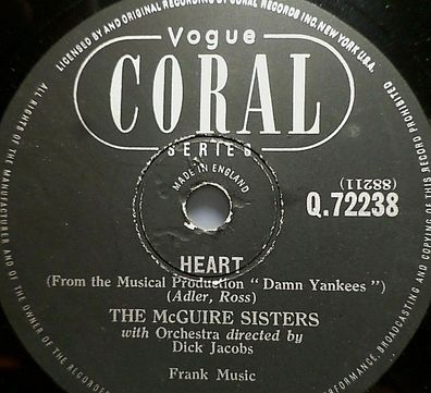 The McGUIRE Sisters "Sometimes I´m Happy / Heart" Vogue Coral 1957 78rpm 10"